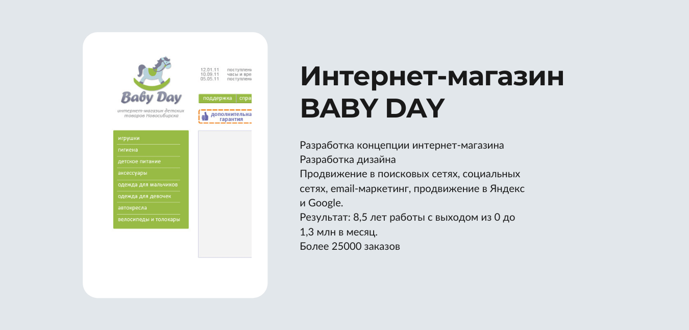 Кейс: интернет-магазин детских товаров BABY DAY. Концепция, дизайн, продвижение, 8,5 лет работы, более 25 000 заказов
