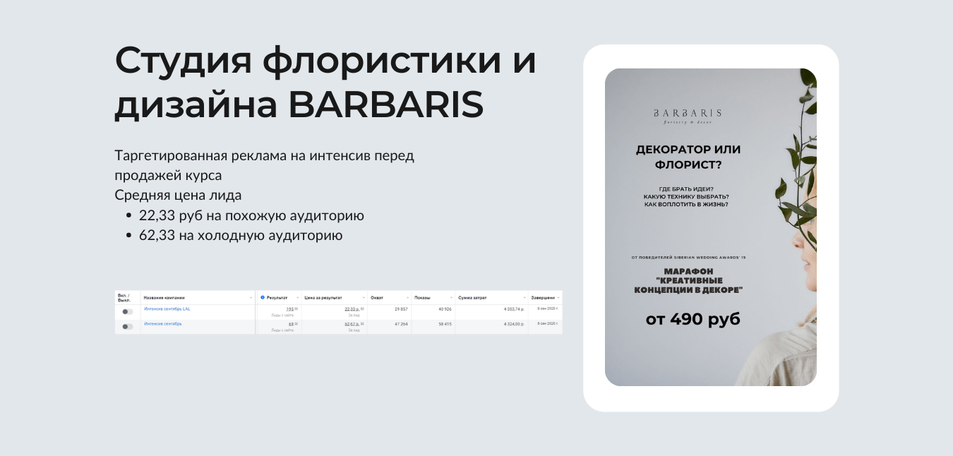 Кейс: студия флористики и дизайна BARBARIS. Таргетированная реклама на интенсив перед продажей курса