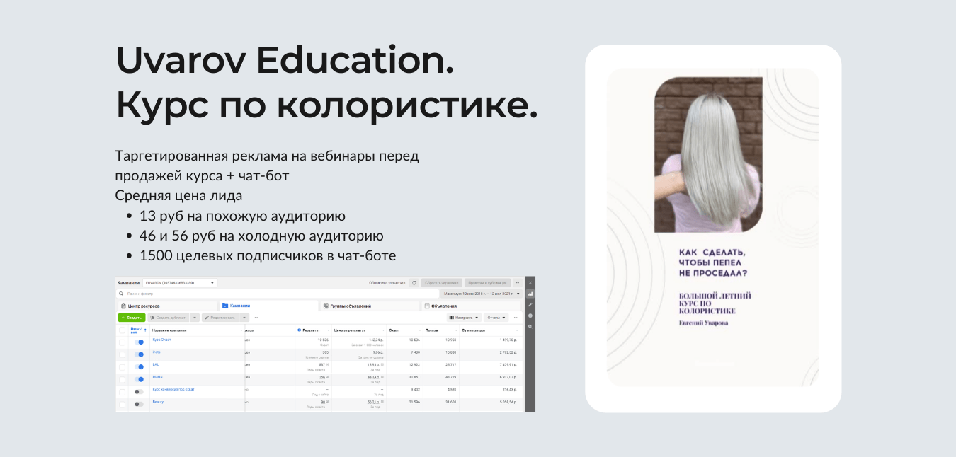 Кейс: Uvarov Education, курс по колористике. Таргетированная реклама на вебинары перед продажей курса