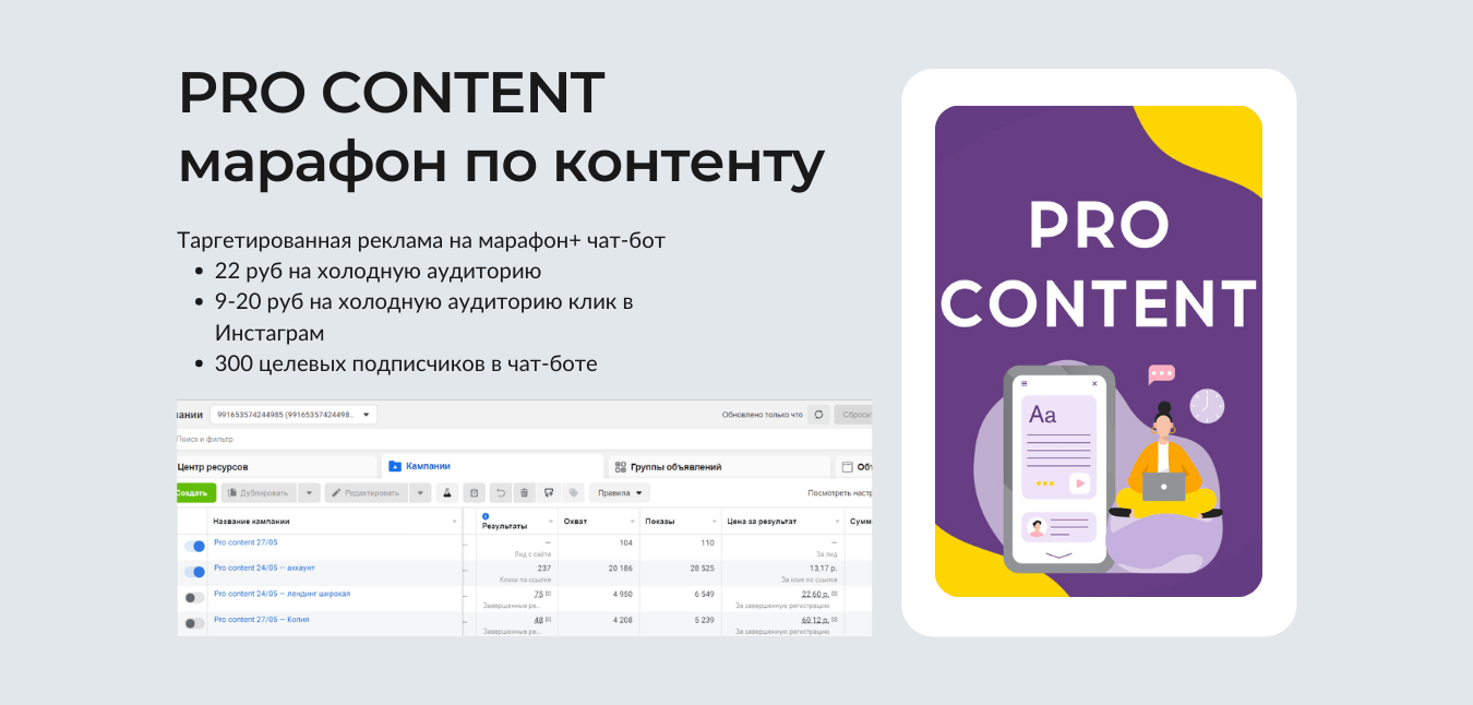 Кейс: PRO CONTENT, марафон по контенту. Таргетированная реклама на марафон и чат-бот
